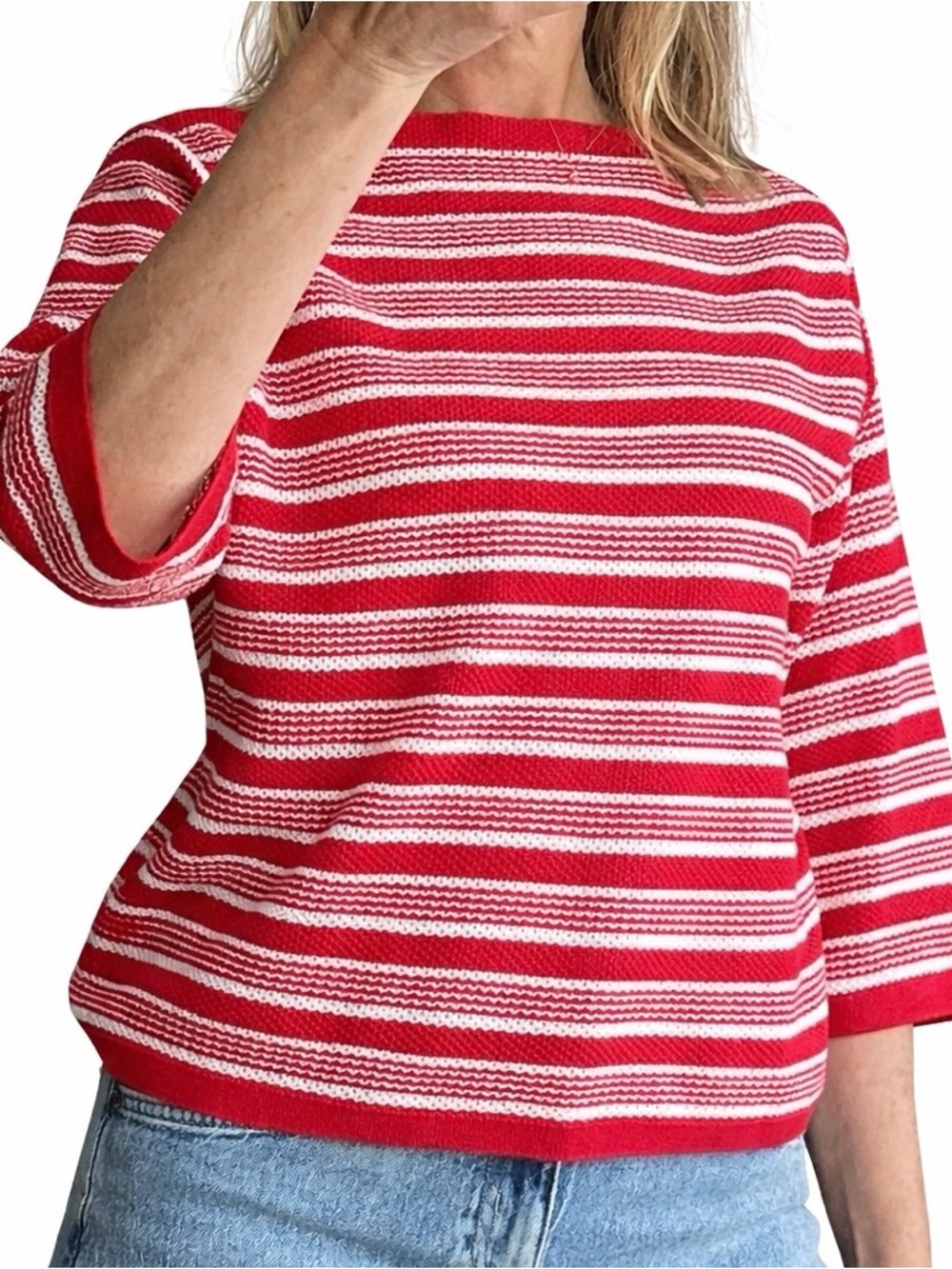 & Other Stories Red and White Striped Open-Knit Sweater